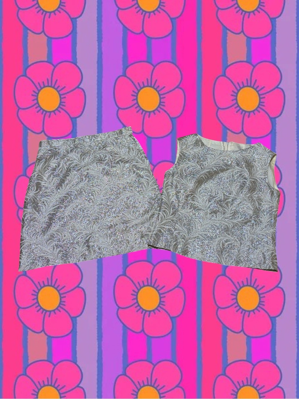 Vintage 60s Silver Brocade Mini Skirt and Top Set